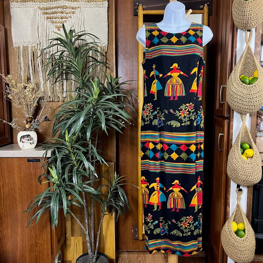 Vintage 80s Folk Art Maxi Dress S/M | Colorful Rayon Resort V-Back Festival USA